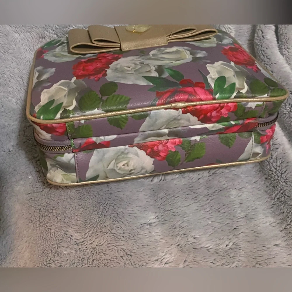 Gold and Red Cosmetic Bag with Floral Design